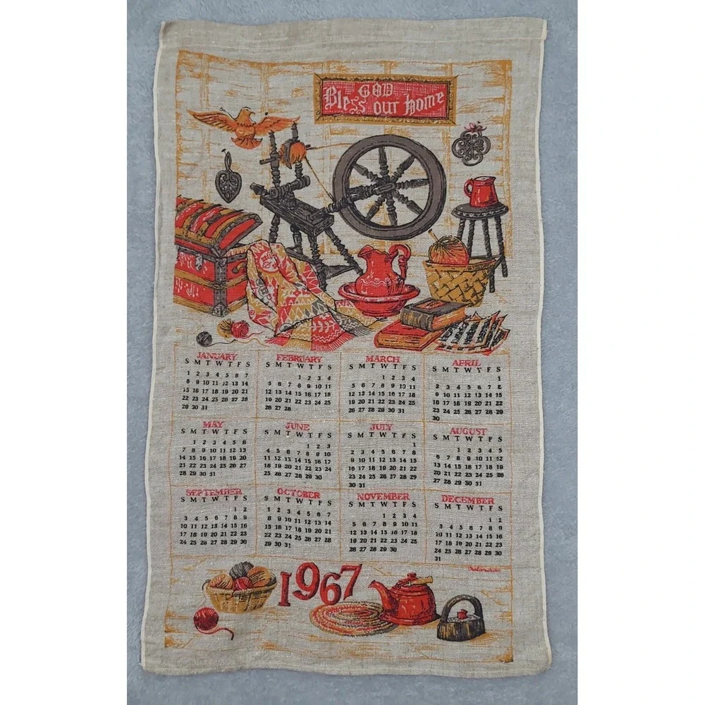 Vintage Linen Wall Calandaer 1967 Folk Art Spinning Wheel 15X26